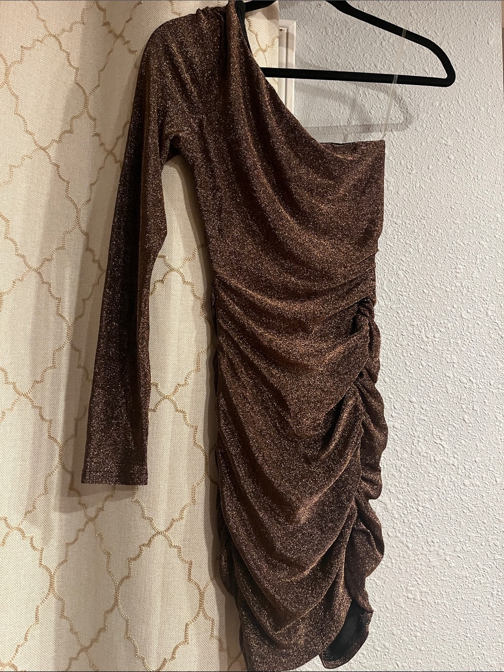 privy Metallic Brown One-Shoulder Ruched Mini Dress